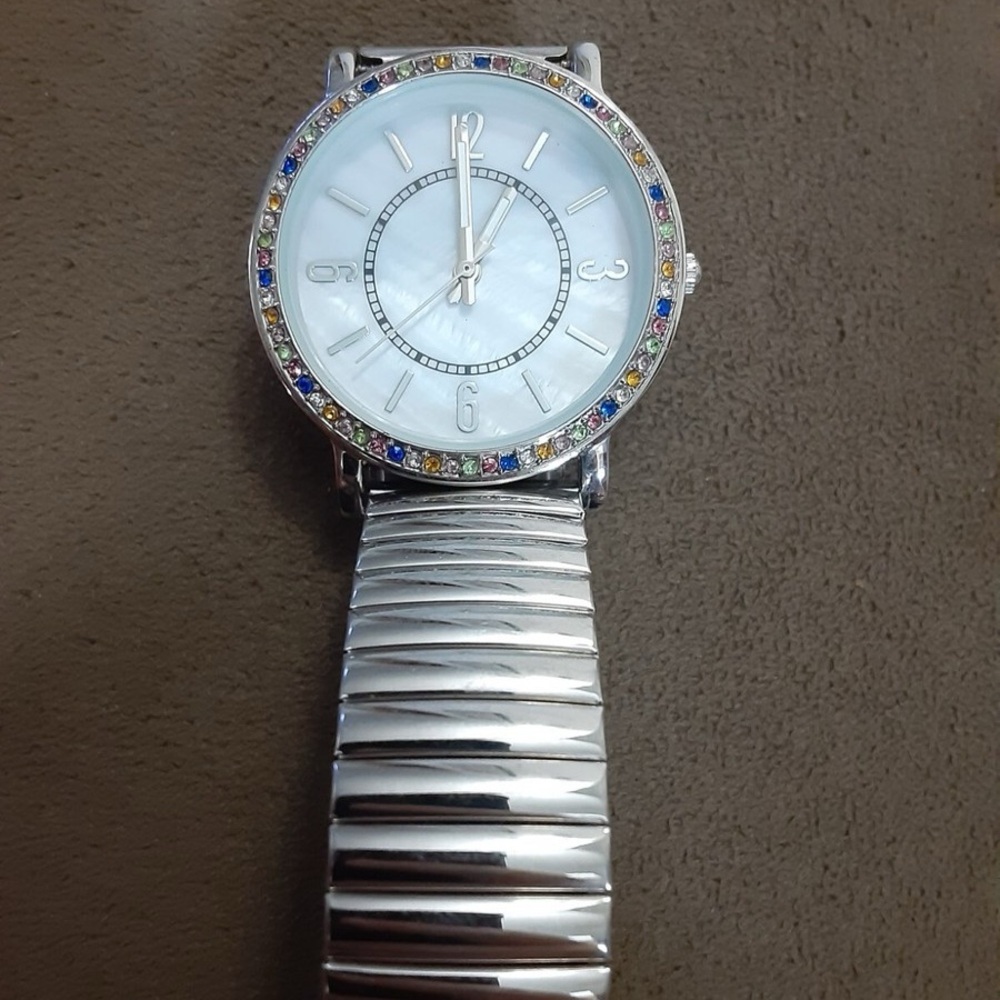 Anne Klein White Mother of Pearl Dial Rainbow Crystal Bezel Watch - Silver - Picture 4 of 4